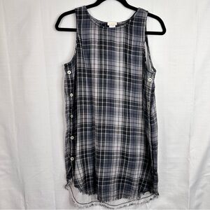 Natural Life 100% cotton sleeveless jumper dress plaid raw hem button sides boho